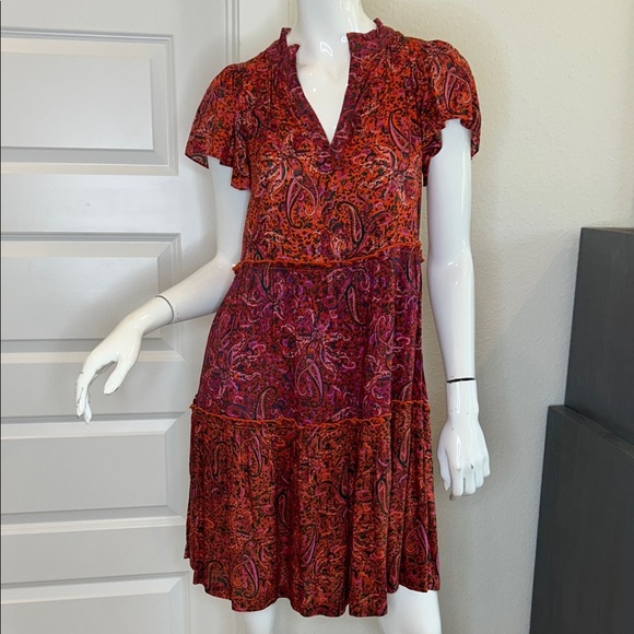 By Anthropologie Dresses & Skirts - Paisley Tiered V-Neck Mini Dress in Red
